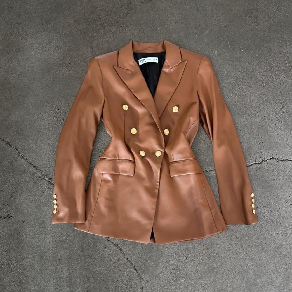 Zara Camel Double-Breasted Blazer with Gold Buttons